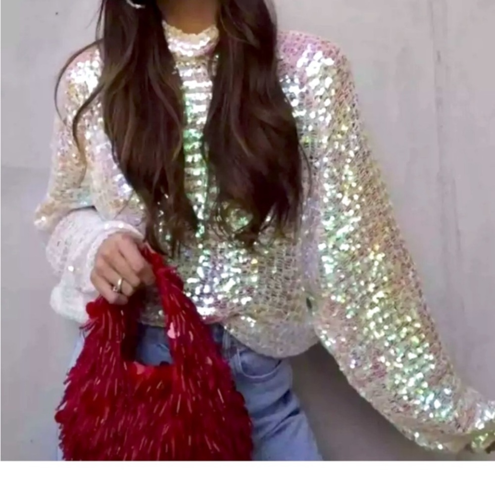 Zara Sequin Top in Iridescent White